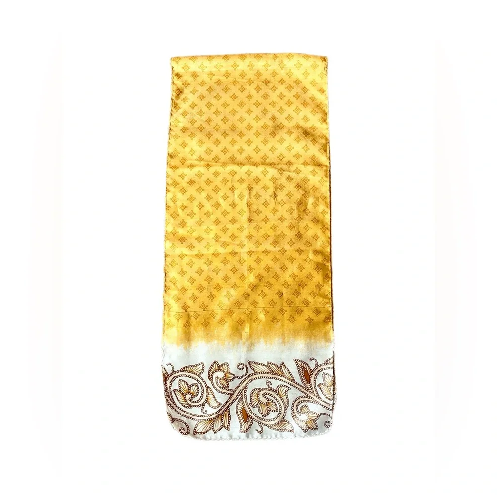 Vintage Yellow Patterned Silk Scarf Organic Scroll